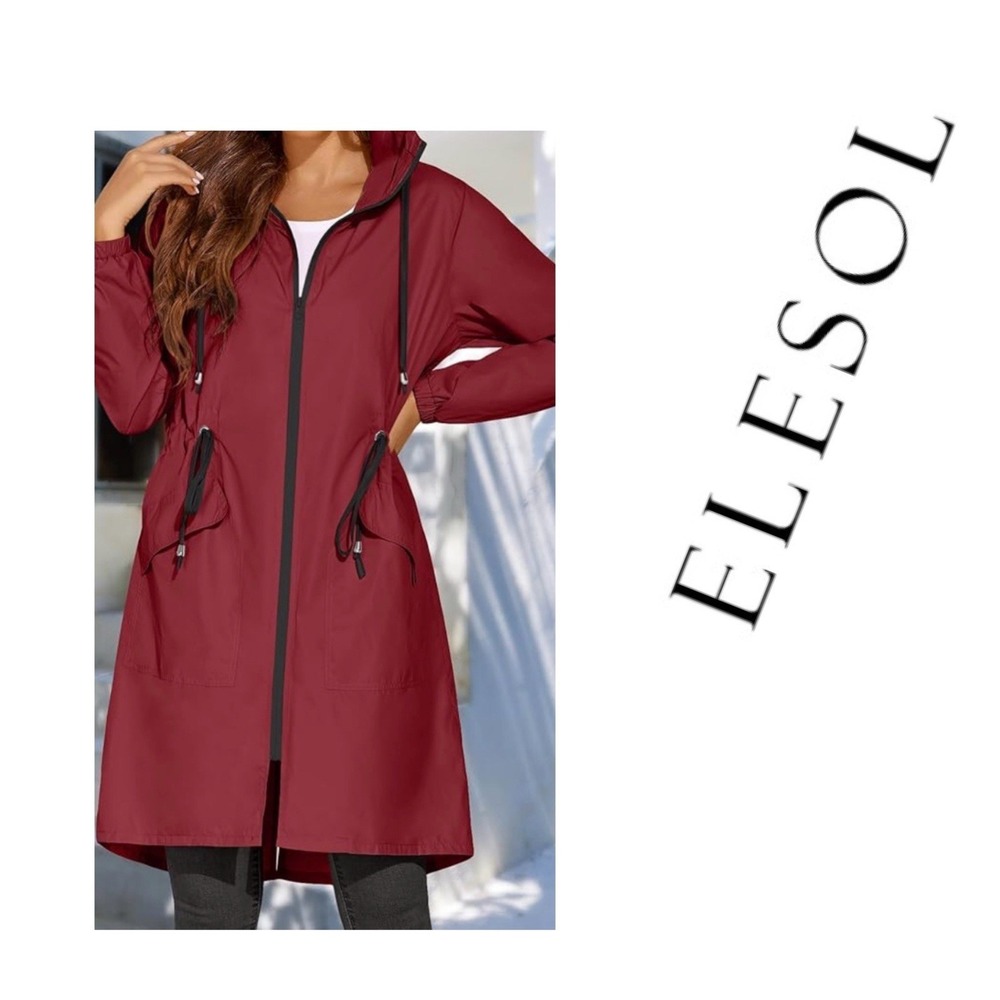 ELESOL Rain Jacket Women's MEDIUM‎ Waterproof Long Rain Coat Hooded Windbreaker